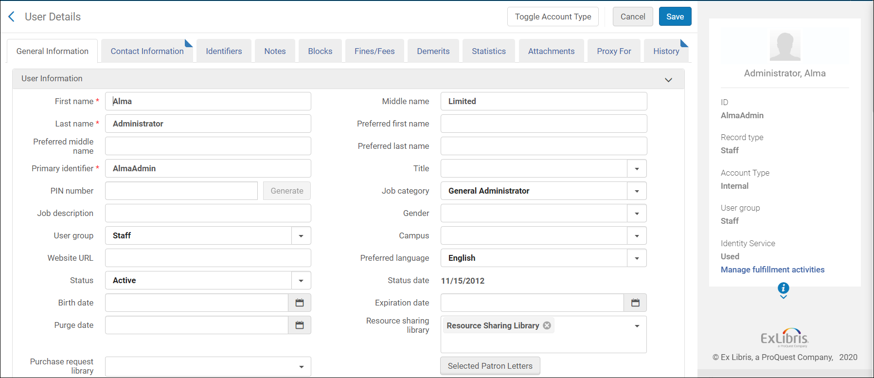 Alma User Details Page - General Information
